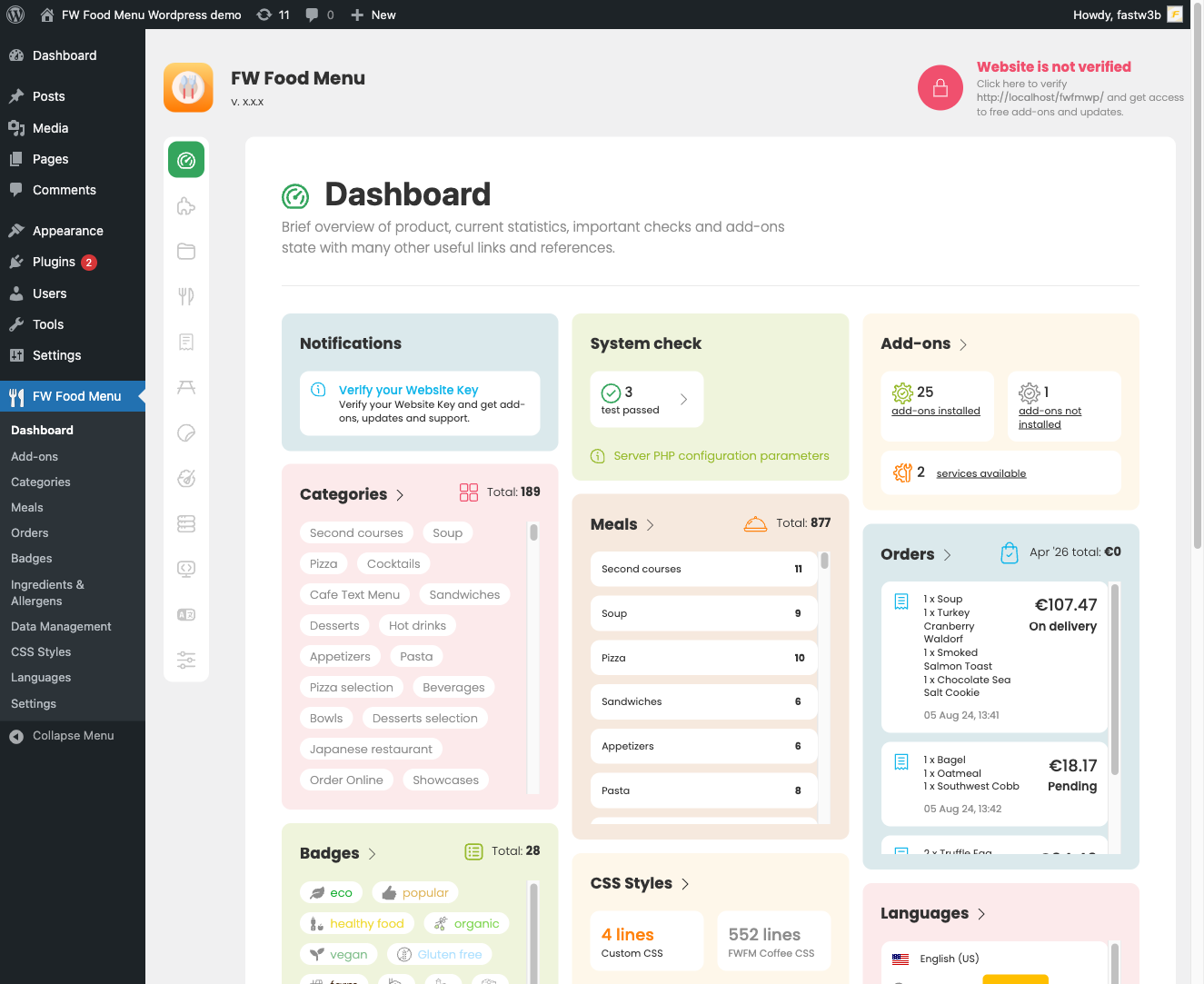 FW Food Menu admin menu items in Joomla
