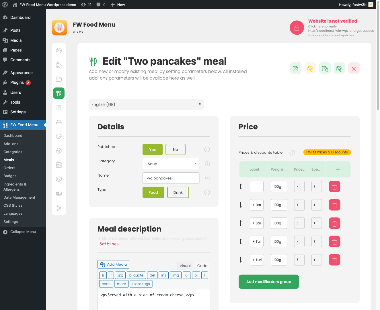 Menu item edit form showing standard fields