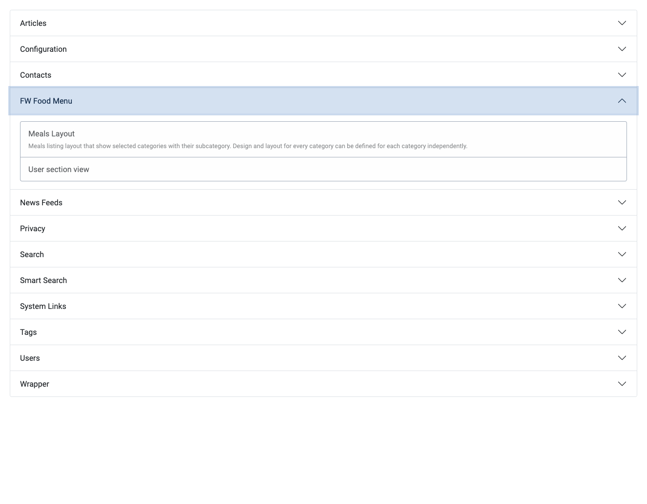 Joomla menu item type selector showing FW Food Menu options