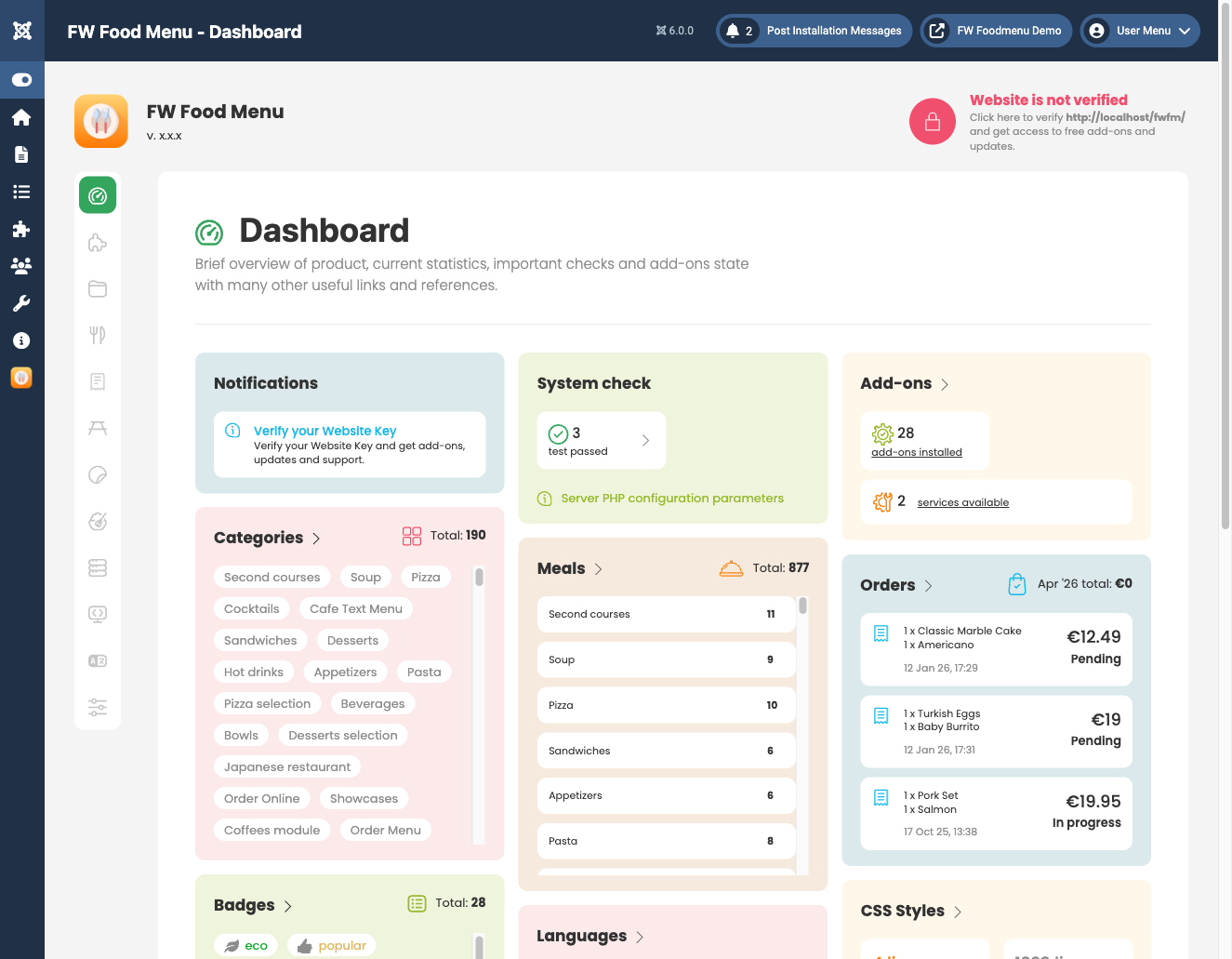 FW Food Menu admin menu items in Joomla