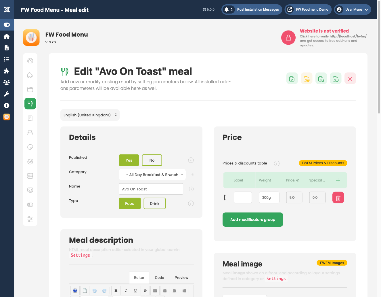 Menu item edit form showing standard fields