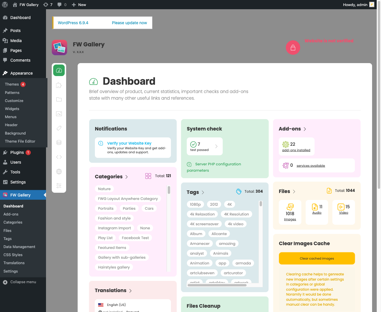 FW Gallery admin menu items in Joomla