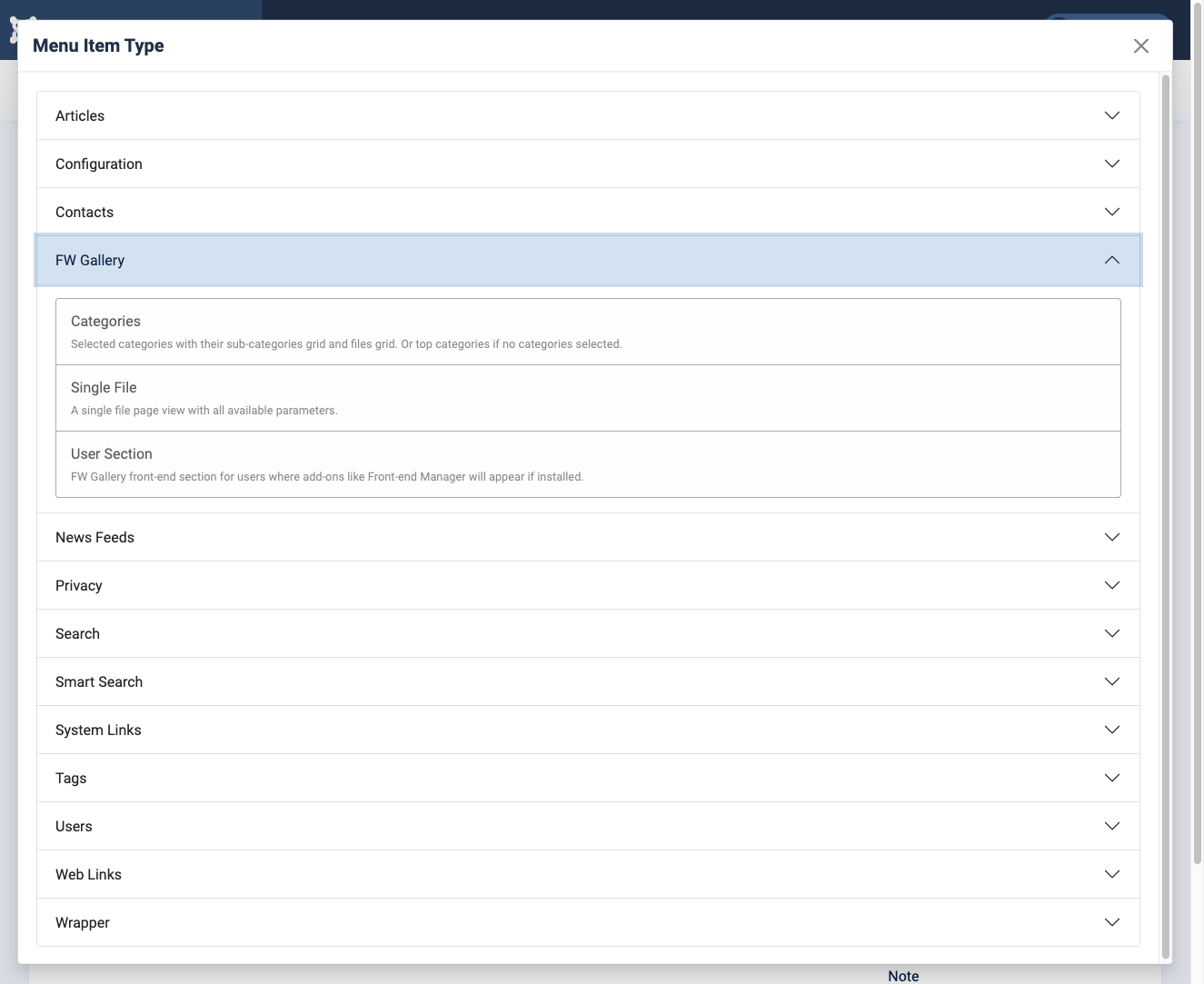 Joomla menu item type selector showing FW Gallery options
