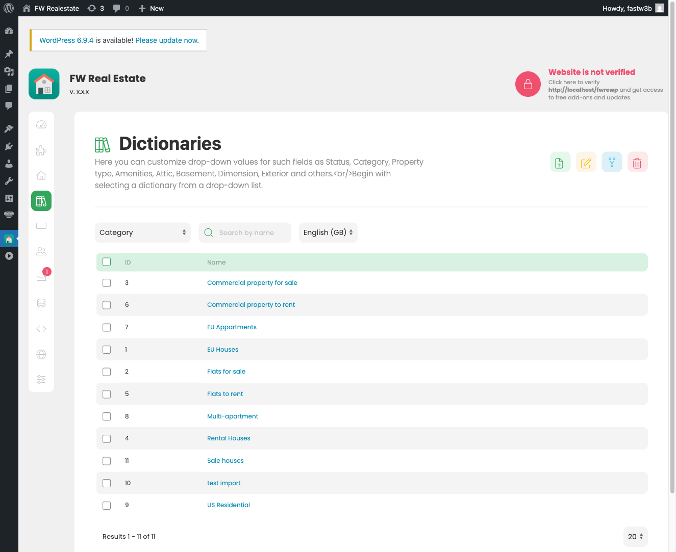 Dictionaries overview page showing available dictionary types