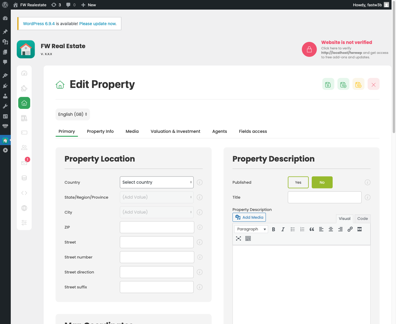 Property edit form showing standard fields