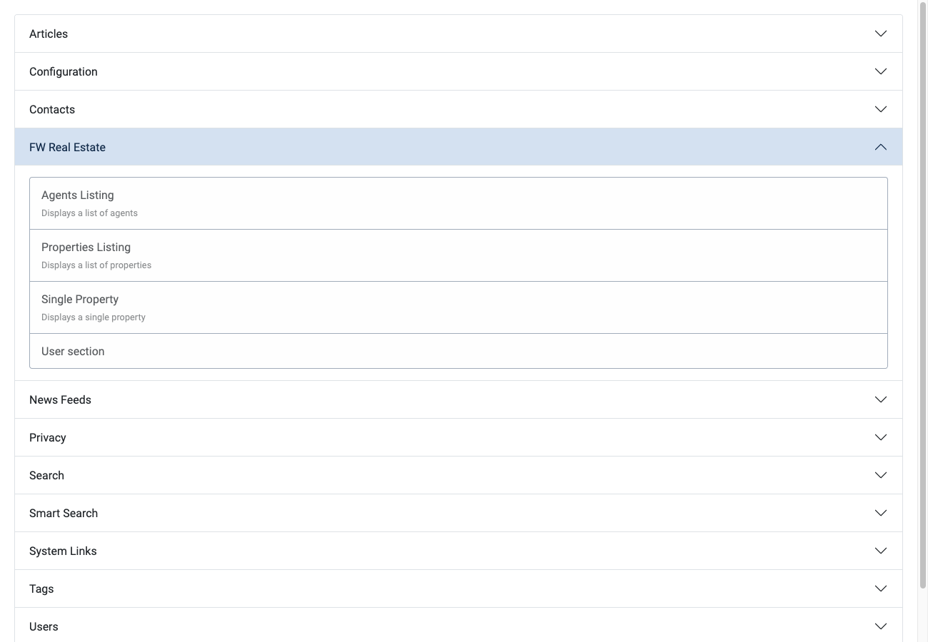 Joomla menu item type selector showing FW Real Estate options