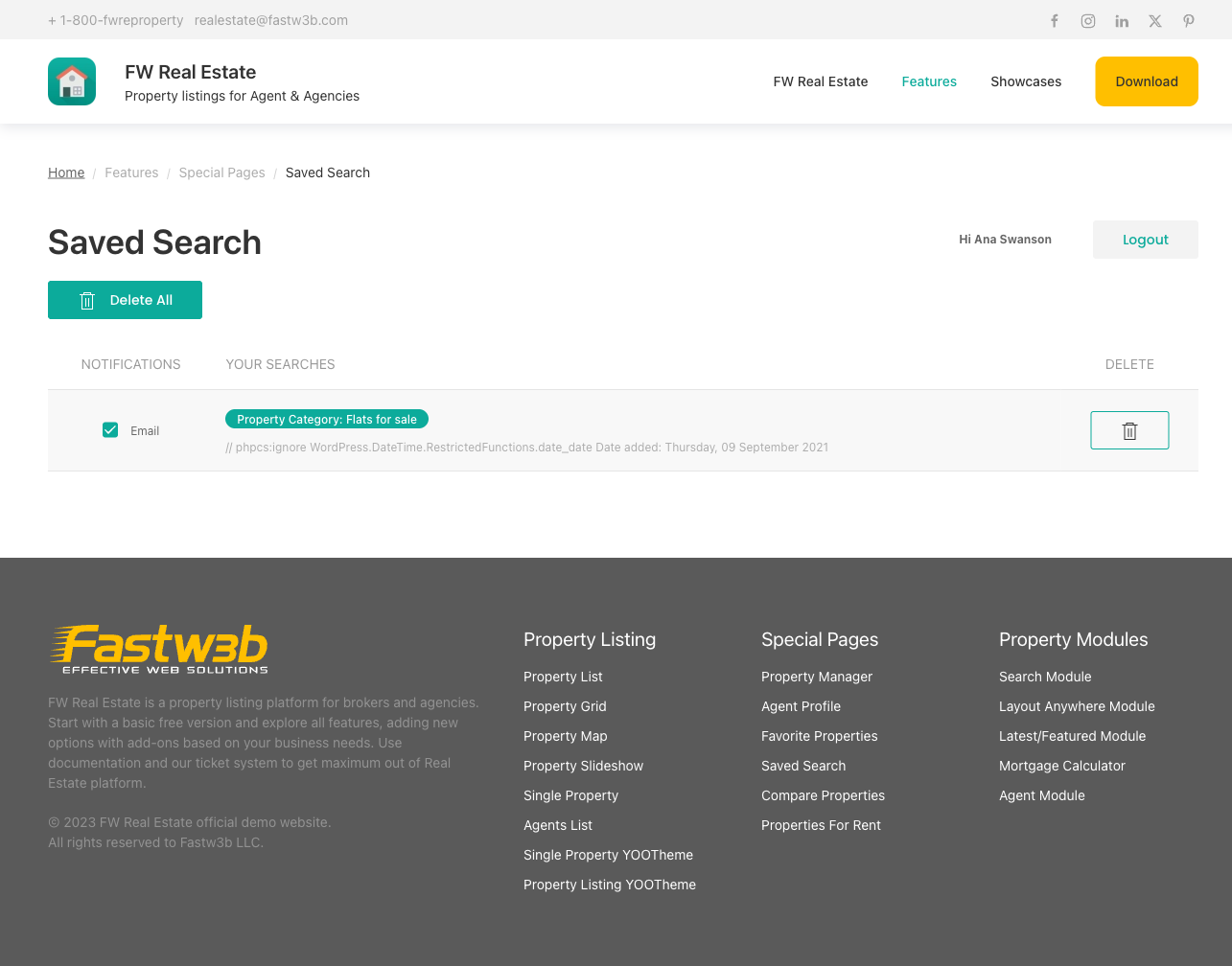 Saved searches list in frontend User Section