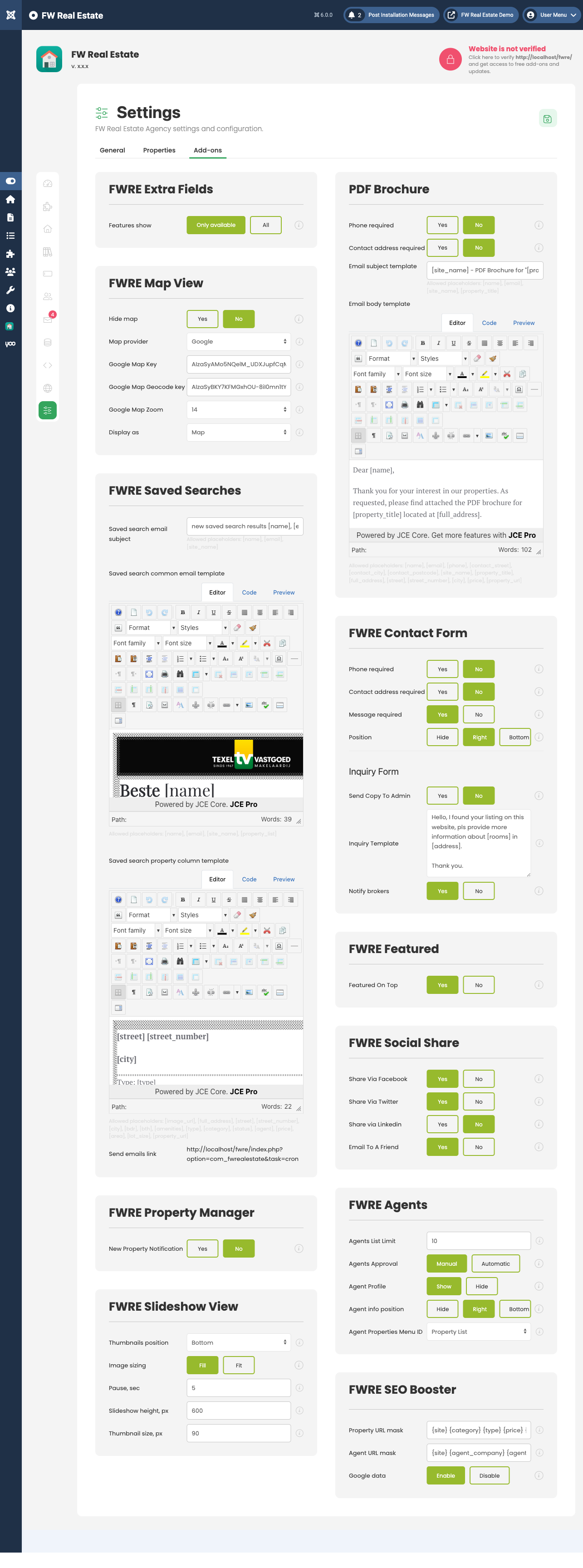 Addons tab showing plugin settings cards