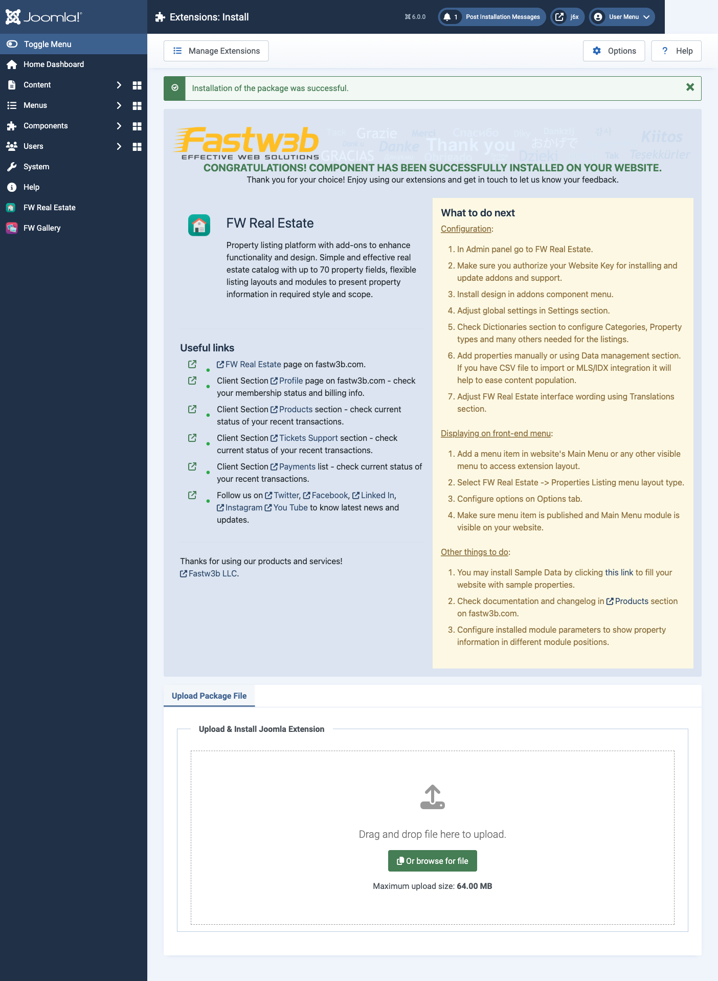 Installing FW Real Estate via Joomla Extension Manager